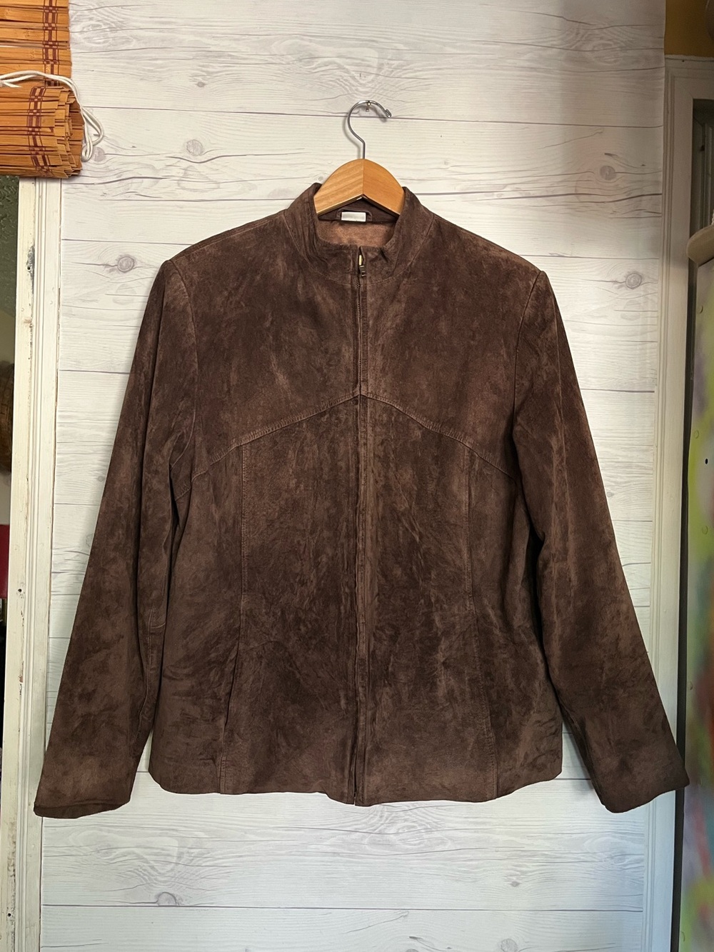 Vtg Modern Essentials Suede Leather Jacket Brown Pockets Lined Zip Size Large